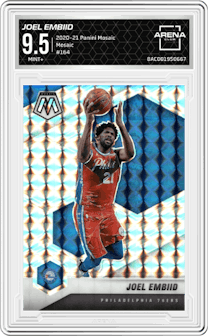 Joel Embiid from the 2020-21 Panini Mosaic set featuring a Mosaic parallel graded by Arena Club and given an overall grade of 9.5.
