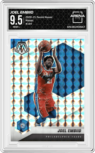 Joel Embiid from the 2020-21 Panini Mosaic set featuring a Mosaic parallel graded by Arena Club and given an overall grade of 9.5.