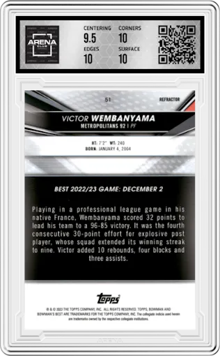 Victor Wembanyama from the 2022-23 Bowman University Best set featuring a Refractor parallel graded by Arena Club and given an overall grade of 10.