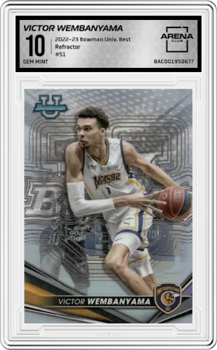 Victor Wembanyama from the 2022-23 Bowman University Best set featuring a Refractor parallel graded by Arena Club and given an overall grade of 10.