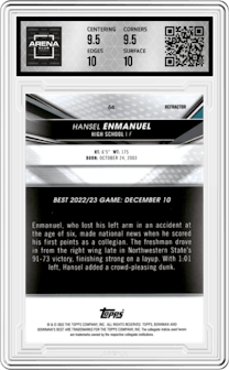 Hansel Enmanuel from the 2022-23 Bowman University Best set featuring a Refractor parallel graded by Arena Club and given an overall grade of 10.