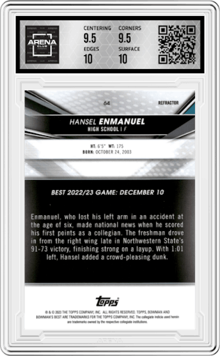 Hansel Enmanuel from the 2022-23 Bowman University Best set featuring a Refractor parallel graded by Arena Club and given an overall grade of 10.