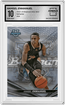 Hansel Enmanuel from the 2022-23 Bowman University Best set featuring a Refractor parallel graded by Arena Club and given an overall grade of 10.