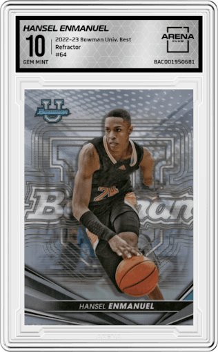 Hansel Enmanuel from the 2022-23 Bowman University Best set featuring a Refractor parallel graded by Arena Club and given an overall grade of 10.