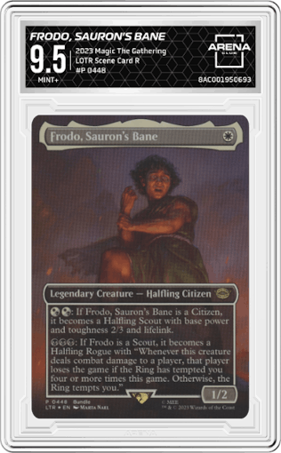 Frodo, Sauron's Bane from the 2023 Magic The Gathering set featuring a Scene Card Rare parallel graded by Arena Club and given an overall grade of 9.5.
