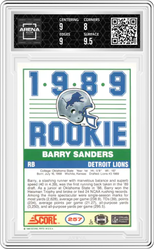 Barry Sanders from the 1989 Score set graded by Arena Club and given an overall grade of 8.5.