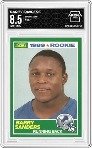 Barry Sanders from the 1989 Score set graded by Arena Club and given an overall grade of 8.5.