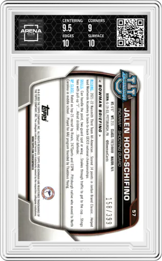 Jalen Hood-Schifino from the 2022-23 Bowman University Chrome set featuring a Purple Refractor parallel graded by Arena Club and given an overall grade of 9.5.