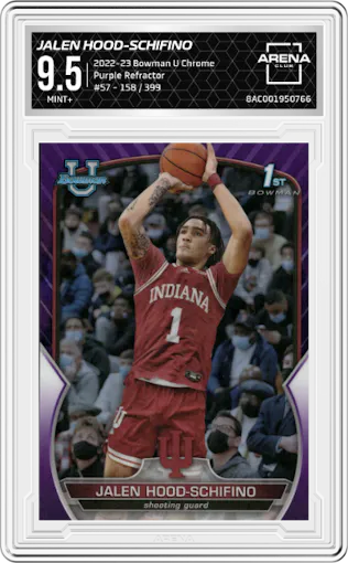 Jalen Hood-Schifino from the 2022-23 Bowman University Chrome set featuring a Purple Refractor parallel graded by Arena Club and given an overall grade of 9.5.