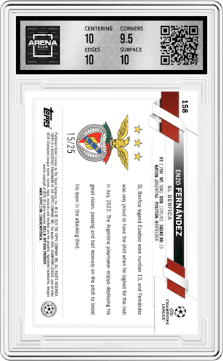 Enzo Fernandez from the 2022-23 Topps UEFA Club Competitions set featuring a Orange Foil parallel graded by Arena Club and given an overall grade of 10.