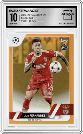 Enzo Fernandez from the 2022-23 Topps UEFA Club Competitions set featuring a Orange Foil parallel graded by Arena Club and given an overall grade of 10.