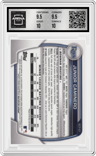 Junior Caminero from the 2023 Bowman Mega Box set graded by Arena Club and given an overall grade of 10.