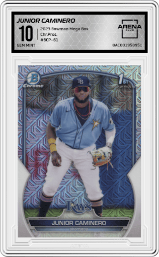 Junior Caminero from the 2023 Bowman Mega Box set graded by Arena Club and given an overall grade of 10.