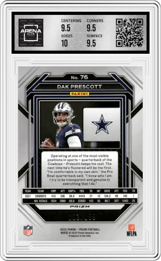 Dak Prescott from the 2022 Panini Prizm set featuring a Blue Wave parallel graded by Arena Club and given an overall grade of 10.