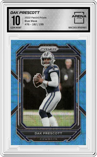 Dak Prescott from the 2022 Panini Prizm set featuring a Blue Wave parallel graded by Arena Club and given an overall grade of 10.