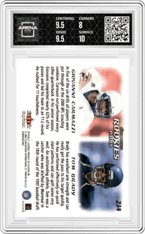 Giovanni Carmazzi/Tom Brady from the 2000 Skybox Dominion set graded by Arena Club and given an overall grade of 8.5.