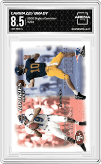 Giovanni Carmazzi/Tom Brady from the 2000 Skybox Dominion set graded by Arena Club and given an overall grade of 8.5.