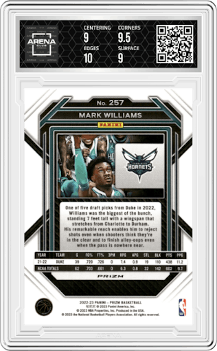 Mark Williams from the 2022-23 Panini Prizm  set featuring a Silver Prizm parallel graded by Arena Club and given an overall grade of 9.5.