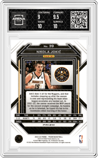  Nikola Jokic from the 2022-23 Panini Prizm  set featuring a Green Prizm parallel graded by Arena Club and given an overall grade of 9.5.