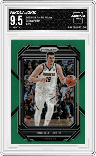  Nikola Jokic from the 2022-23 Panini Prizm  set featuring a Green Prizm parallel graded by Arena Club and given an overall grade of 9.5.