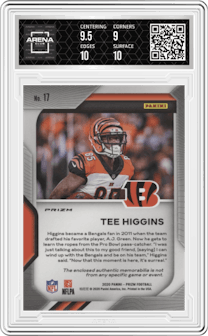 Tee Higgins from the 2020 Panini Prizm set graded by Arena Club and given an overall grade of 9.5.