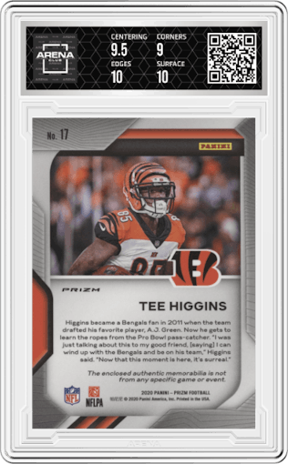 Tee Higgins from the 2020 Panini Prizm set graded by Arena Club and given an overall grade of 9.5.