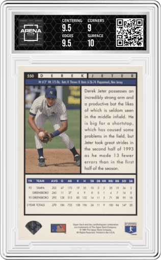 Derek Jeter from the 1994 Upper Deck set graded by Arena Club and given an overall grade of 9.5.