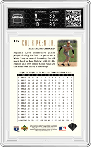 Cal Ripken Jr.  from the 1996 Upper Deck set graded by Arena Club and given an overall grade of 9.