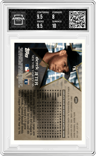 Derek Jeter from the 1996 Topps set graded by Arena Club and given an overall grade of 8.5.