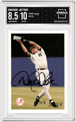 Derek Jeter from the 1996 Topps set graded by Arena Club and given an overall grade of 8.5.