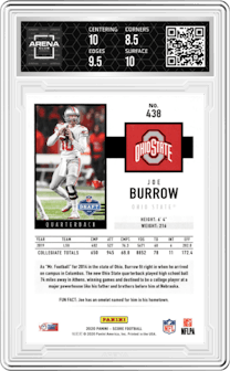 Joe Burrow from the 2020 Panini Score set featuring a Red parallel graded by Arena Club and given an overall grade of 9.
