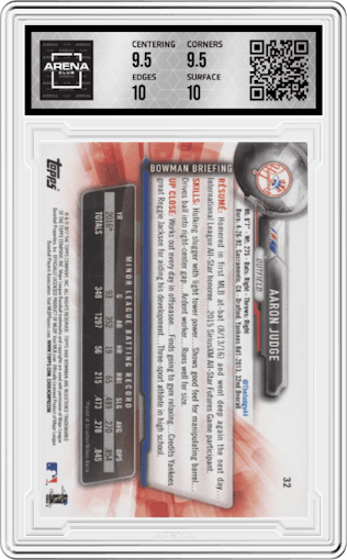 Aaron Judge from the 2017 Bowman set graded by Arena Club and given an overall grade of 10.