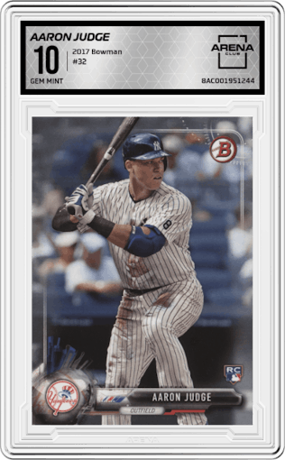 Aaron Judge from the 2017 Bowman set graded by Arena Club and given an overall grade of 10.