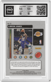 Lebron James from the 2021-22 Panini Donruss Optic set featuring a Purple parallel graded by Arena Club and given an overall grade of 10.