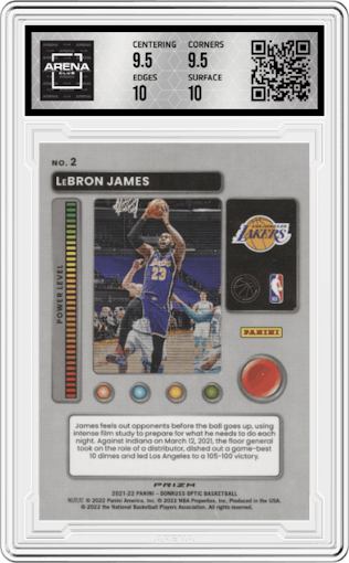 Lebron James from the 2021-22 Panini Donruss Optic set featuring a Purple parallel graded by Arena Club and given an overall grade of 10.
