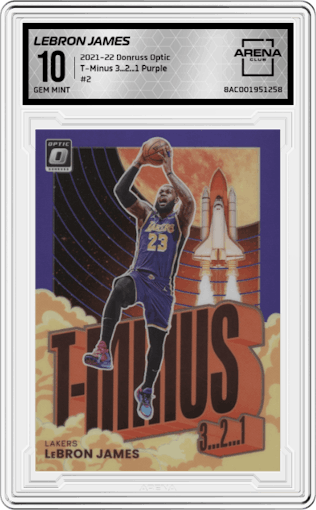 Lebron James from the 2021-22 Panini Donruss Optic set featuring a Purple parallel graded by Arena Club and given an overall grade of 10.