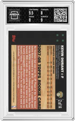 Kevin Durant from the 2007-08 Topps set featuring a Orange parallel graded by Arena Club and given an overall grade of 8.5.