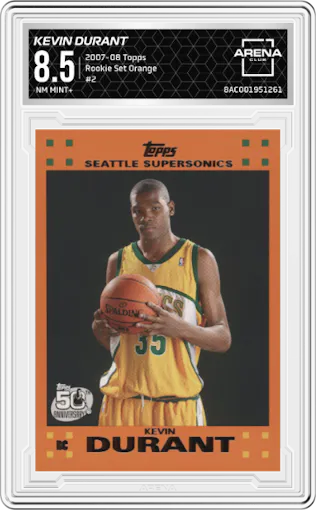 Kevin Durant from the 2007-08 Topps set featuring a Orange parallel graded by Arena Club and given an overall grade of 8.5.