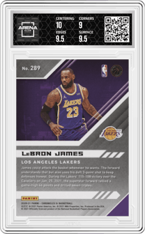LeBron James from the 2020-21 Panini Chronicles set featuring a Teal parallel graded by Arena Club and given an overall grade of 9.5.