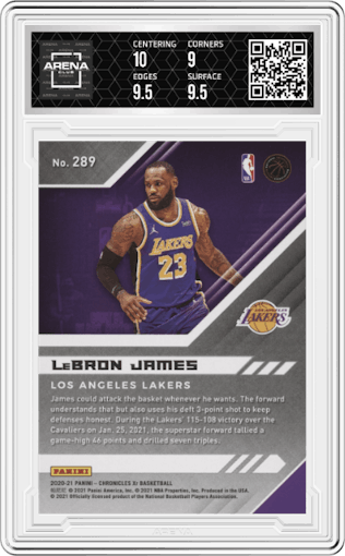 LeBron James from the 2020-21 Panini Chronicles set featuring a Teal parallel graded by Arena Club and given an overall grade of 9.5.