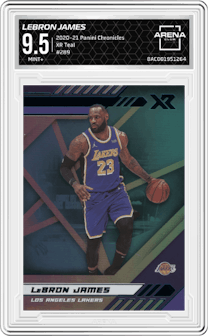 LeBron James from the 2020-21 Panini Chronicles set featuring a Teal parallel graded by Arena Club and given an overall grade of 9.5.