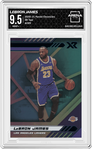 LeBron James from the 2020-21 Panini Chronicles set featuring a Teal parallel graded by Arena Club and given an overall grade of 9.5.