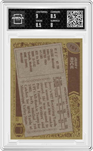 Jerry Rice from the 1986 Topps set graded by Arena Club and given an overall grade of 8.5.