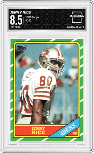 Jerry Rice from the 1986 Topps set graded by Arena Club and given an overall grade of 8.5.