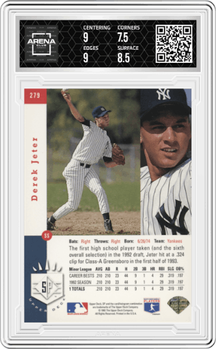 Derek Jeter from the 1993 Upper Deck SP set featuring a Foil parallel graded by Arena Club and given an overall grade of 8.