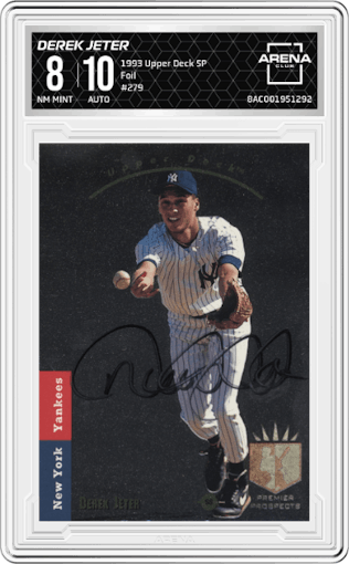 Derek Jeter from the 1993 Upper Deck SP set featuring a Foil parallel graded by Arena Club and given an overall grade of 8.