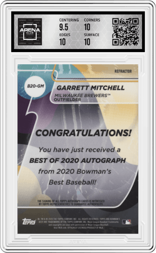 Garrett Mitchell from the 2020 Bowman’s Best set featuring a Refractor parallel graded by Arena Club and given an overall grade of 10.