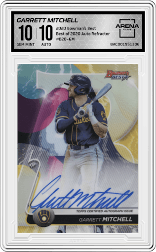 Garrett Mitchell from the 2020 Bowman’s Best set featuring a Refractor parallel graded by Arena Club and given an overall grade of 10.
