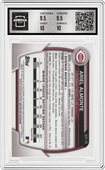 Ariel Almonte from the 2023 Bowman  set featuring a Pearl Refractor parallel graded by Arena Club and given an overall grade of 10.