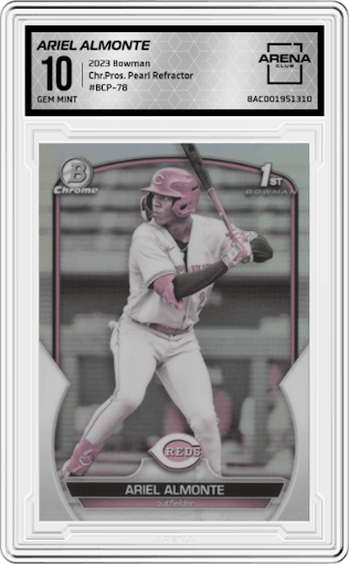 Ariel Almonte from the 2023 Bowman  set featuring a Pearl Refractor parallel graded by Arena Club and given an overall grade of 10.